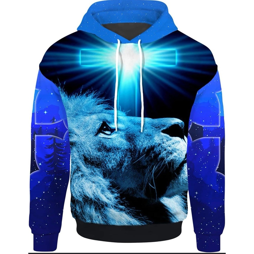 3D Lion Printed Hoodie Men‎ LG Blue My God Way Maker Miracle Worker Religious